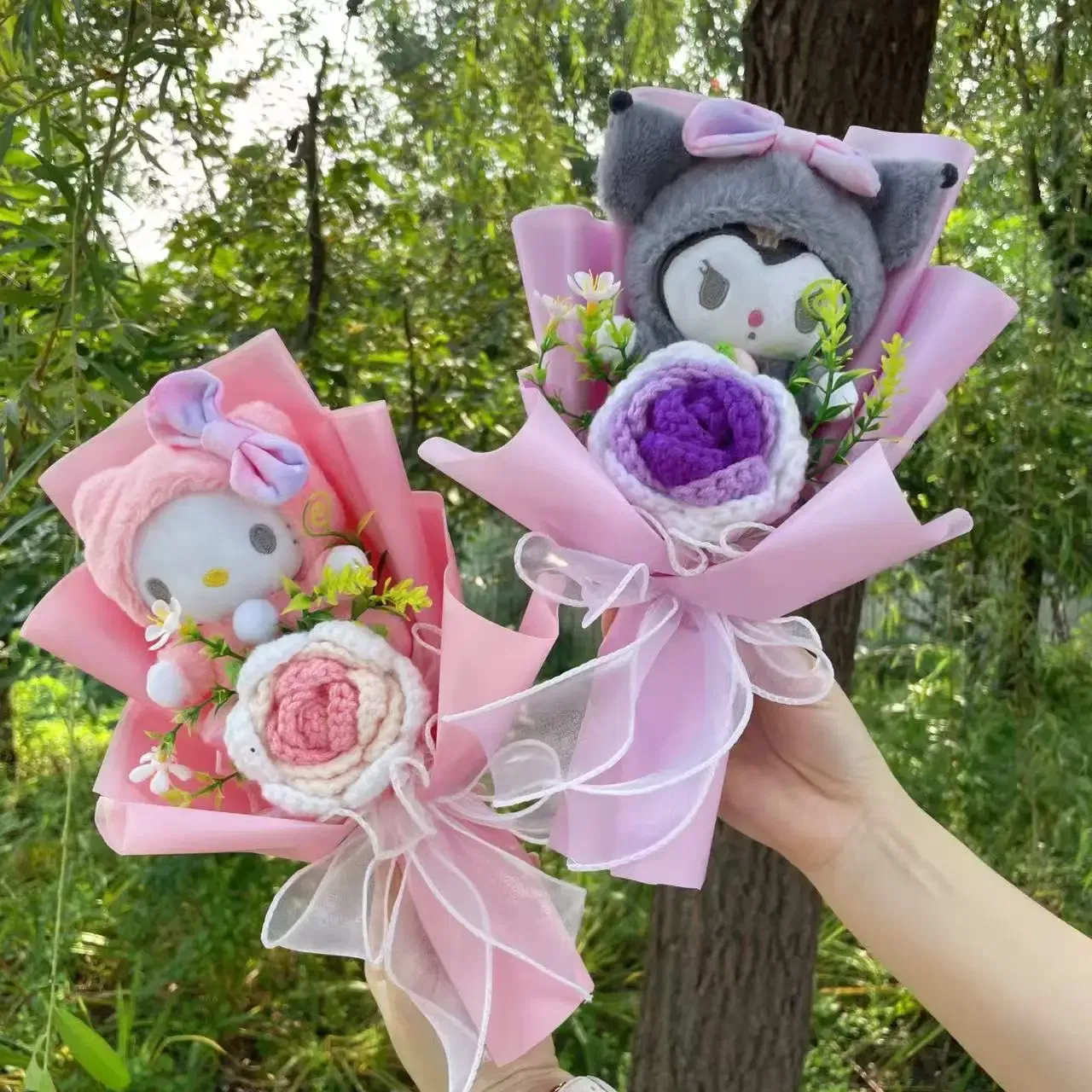 Color: Khaki - Kawaii Hello Kitty Cat Dolls With Artificial Flowers Creative Bouquet Christmas Valentine Birthday Graduation Gifts