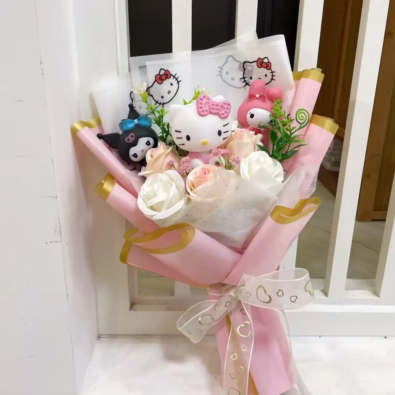 Color: Khaki - Kawaii Hello Kitty Cat Dolls With Artificial Flowers Creative Bouquet Christmas Valentine Birthday Graduation Gifts