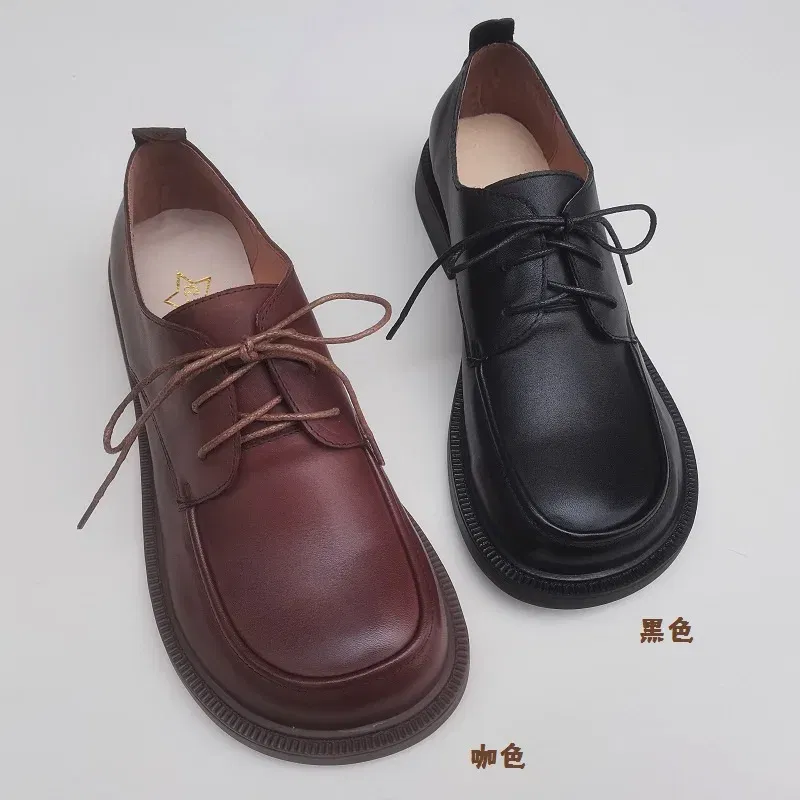 Color: Brown, Shoe Size: 9.5 - Careaymade-Genuine leather big head wide version men's English lace up leather shoes business leisure original single shoes