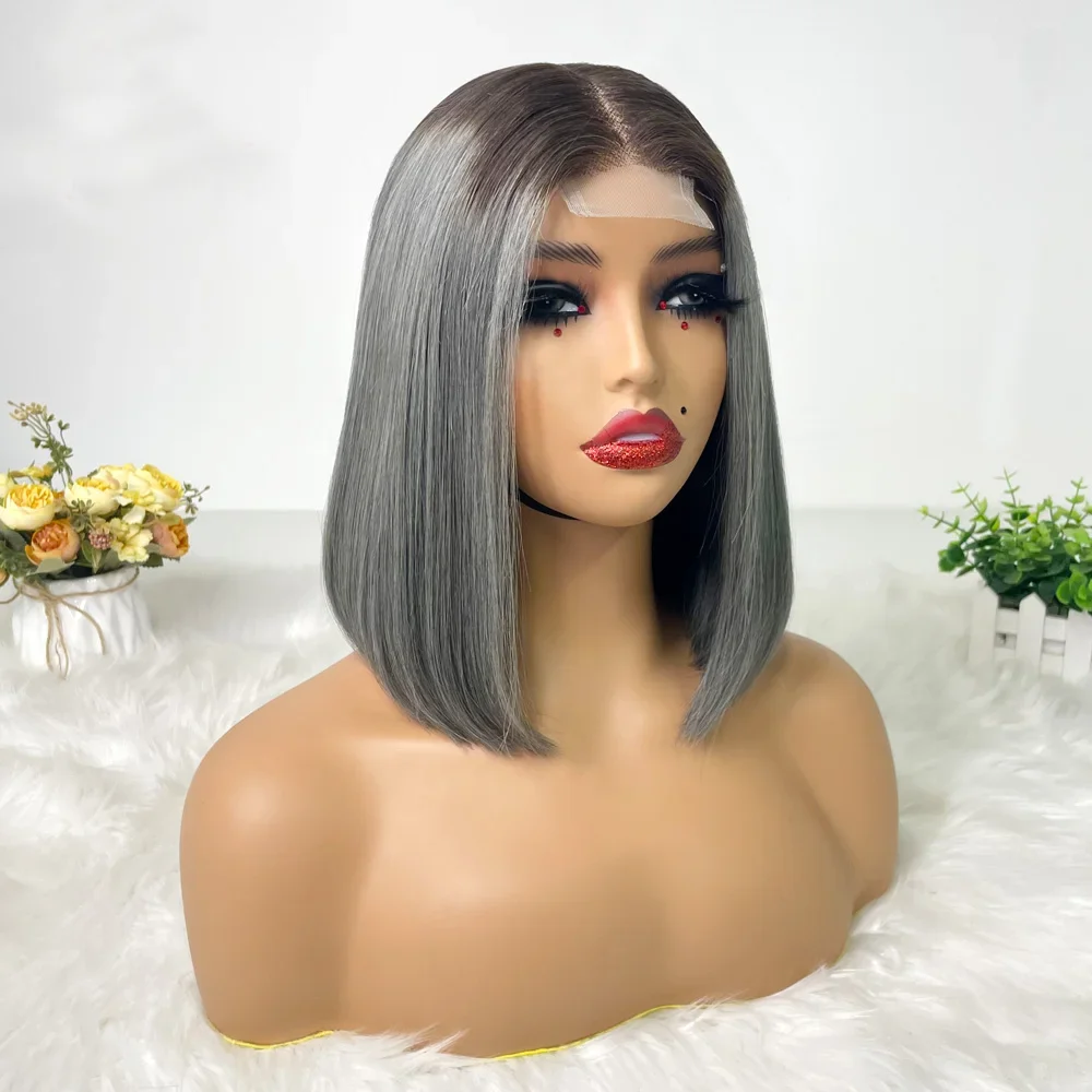 Hair Color: #31, Stretched Length: 10inches, Density: 100% - 250% Density Super Double Drawn Bob Wig Human Hair Gray Brazilian Straight 2x6 Glueless Lace Closure Wigs For Women Pre Plucked