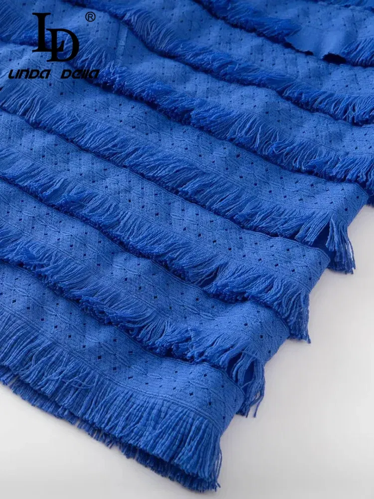 LD LINDA DELLA Fashion Runway Autumn Dress Women's V Neck Hollow out Lantern sleeve Tassel Blue Vacation Long Cake Dresses