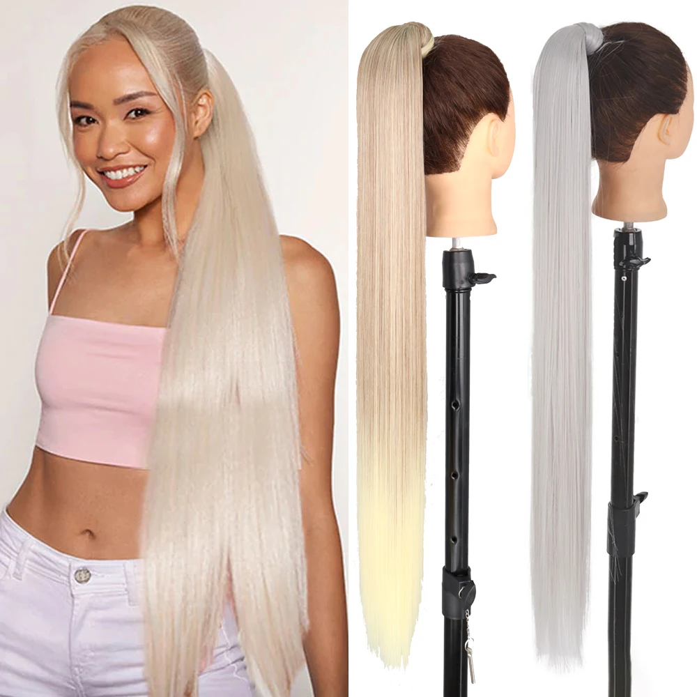 Color: T1B/27, Stretched Length: 22inches - AZQUEEN Straight Synthetic Hairpiece With Ponytail 85cm Super Long Wrap Around Clip In Hair Extensions Pony Tail For Daily Wear