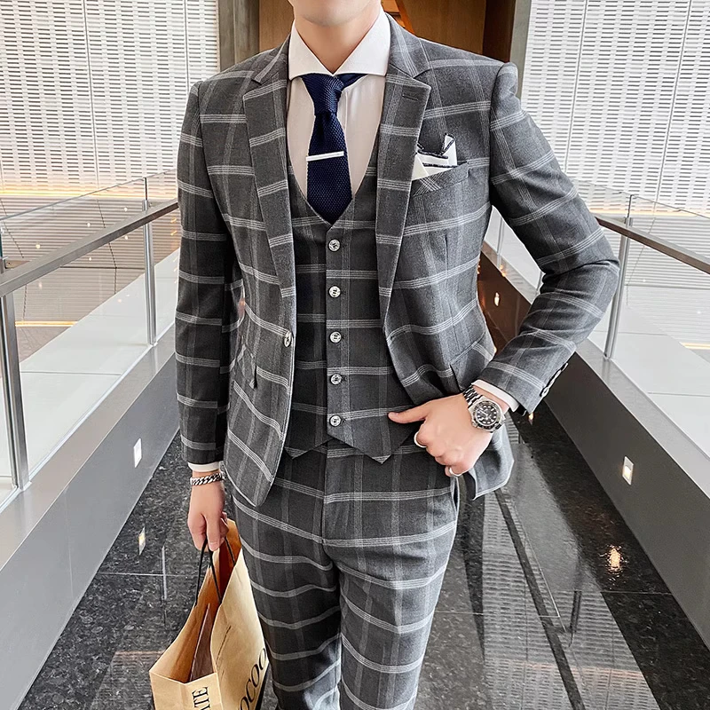 Color: Lavender, Size: L - Gray Men Classic Striped/Checked Suits, Business Office 3 Piece, Asian Size Slim Fit Men Dress Jacket & Pants with Vest, S-4XL