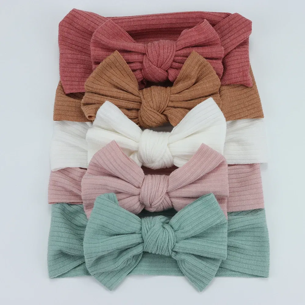 Color: Dark Khaki - 5pcs/Lot Cable Knit Bow Baby Headbands Elastic Nylon Baby Girl Headband For Children Turban Newborn Infant Kids Hair Accessories