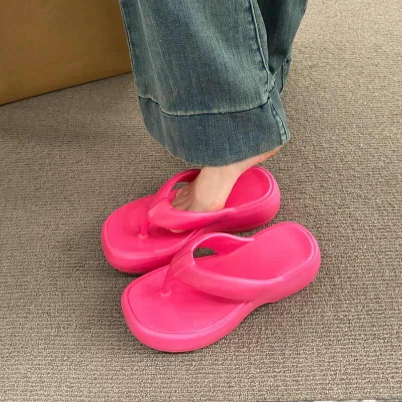 Color: Rosy Red, Shoe Size: 37-38 - Casual Square Toe Women's Flip-flops Soft-soled Non-slip Heeld Sandals Unique Features Leisure Summer Popular Outdoor Slippers