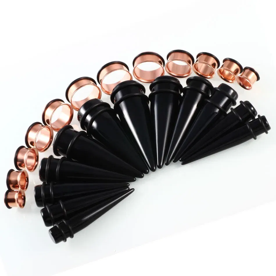 Metal color: ROSE GOLD COLOR - 24pcs/lot Acrylic Septum Stretching Kit Sector Expander Stainless Steel Ear Stretching Kit 10mm to 20mm Ear Plugs and Tunnels