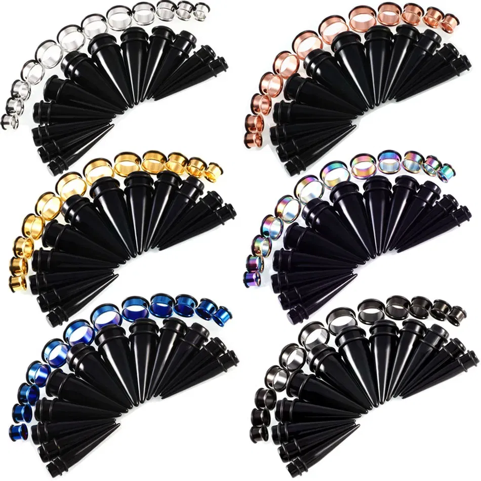 Metal color: ROSE GOLD COLOR - 24pcs/lot Acrylic Septum Stretching Kit Sector Expander Stainless Steel Ear Stretching Kit 10mm to 20mm Ear Plugs and Tunnels