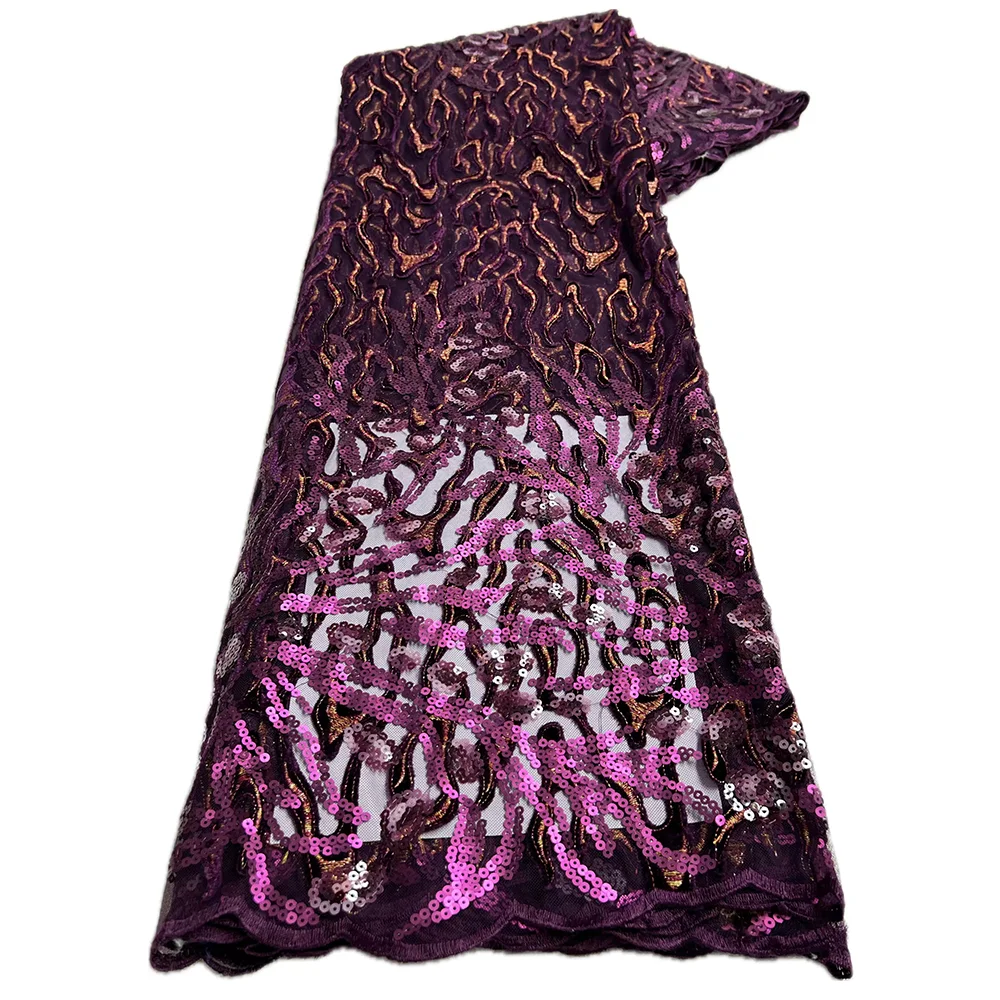 Color: Light Purple, Length: 5 yards, Width: 120cm - 2025 African Nigerian Tulle Lace Fabric Sequins Sewing Guipure Beads Stone Embroidery Dresses High Quality 4 Yards