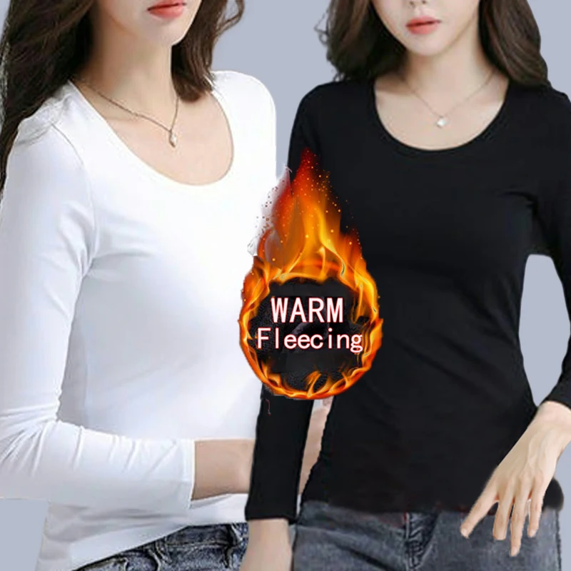 Color: Gold, Size: XL - O Neck Long Sleeve Fleeceing Heating Fiber Thermal Basic T-Shirts Women Winter Bottoming Cropped Tops Casual Skinny All-match