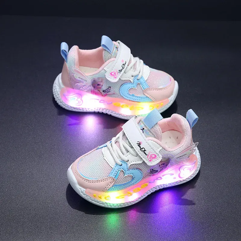 Color: Pink, Shoe Size: 15 - Disney Children Led Shoes Kids Girls Sneakers Frozen Elsa Princess Lighting Shoes Pink Purple Casual Sports Shoes Size 21-31