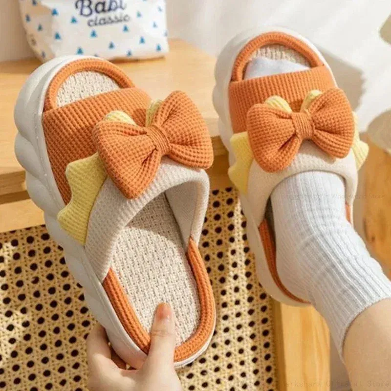 Color: Straw, Shoe Size: 40 - Linen Slippers Women Indoor Slippers Comzy Anti-Slip House Cotton Shoes Cute Bowknot Flat Slipper Couples Slides Spring Summer
