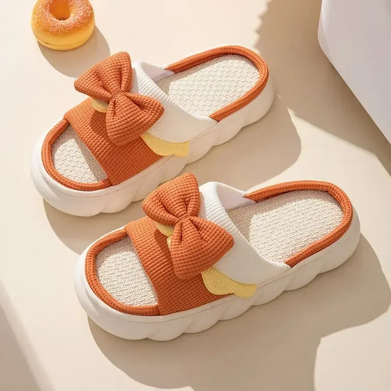 Color: Straw, Shoe Size: 40 - Linen Slippers Women Indoor Slippers Comzy Anti-Slip House Cotton Shoes Cute Bowknot Flat Slipper Couples Slides Spring Summer