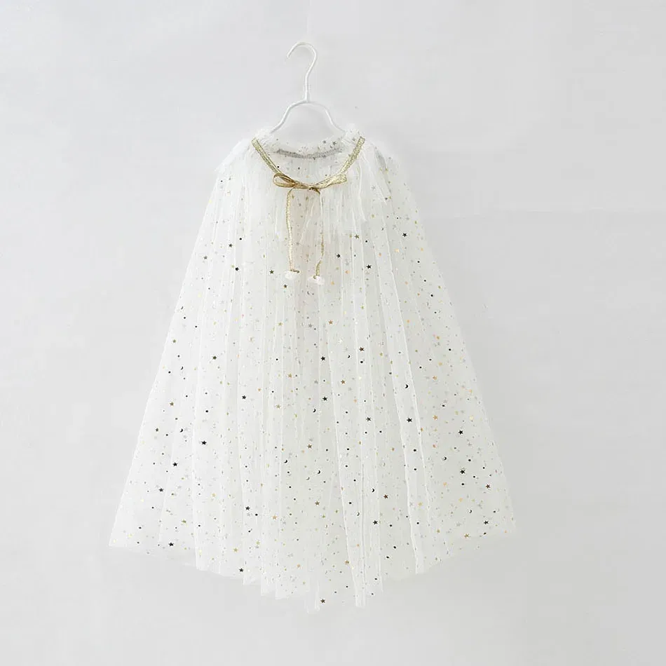 Color: WHITE, Kid Size: 3T - Little Girls Sequins Tulle Cape Children Princess Party Dress Up Cloaks Summer Thin Blue Pink White Halloween Birthday Costumes