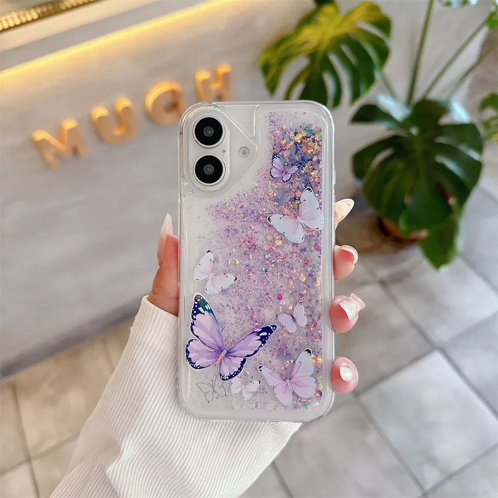 Color: PURPLE, Material: CANVAS - Luminous Quicksand Glitter Butterfly Case for iPhone 16 15 14 Pro Max Plus 13 12 Mini 11 X Xs XR Soft Silicone Bling Shiny Cover