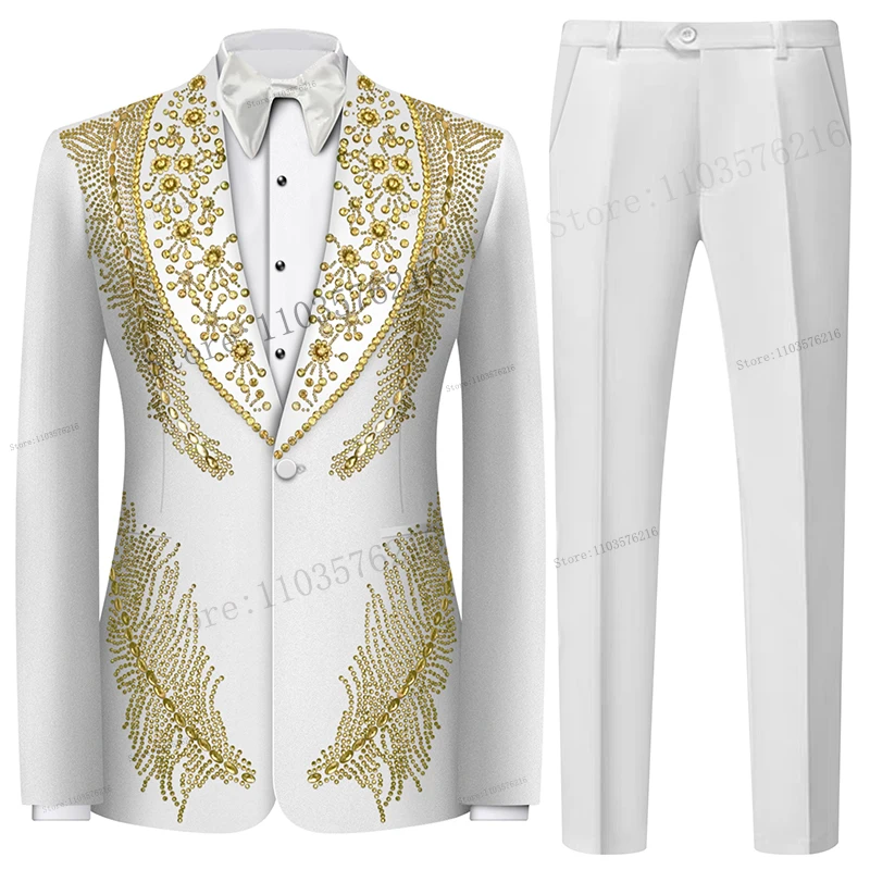Olibexley Men's Suits 2 Pieces Sets Male Prom Elegante Beaded Crystals One Button Slim Fit For Wedding Prom Business Dinner Prom