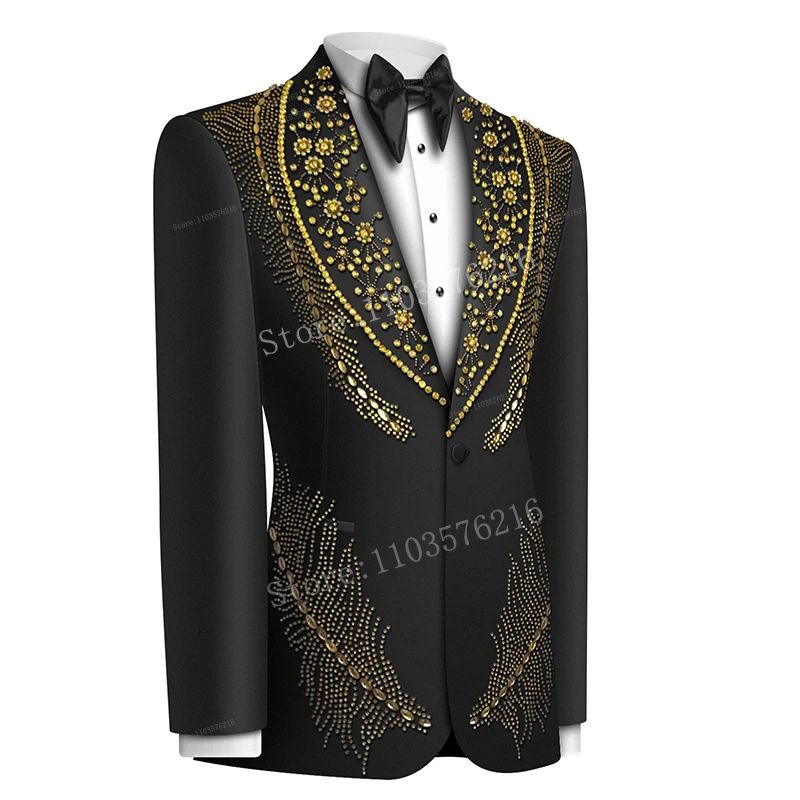 Olibexley Men's Suits 2 Pieces Sets Male Prom Elegante Beaded Crystals One Button Slim Fit For Wedding Prom Business Dinner Prom