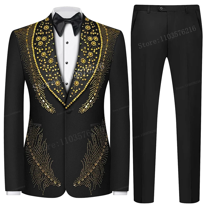 Olibexley Men's Suits 2 Pieces Sets Male Prom Elegante Beaded Crystals One Button Slim Fit For Wedding Prom Business Dinner Prom