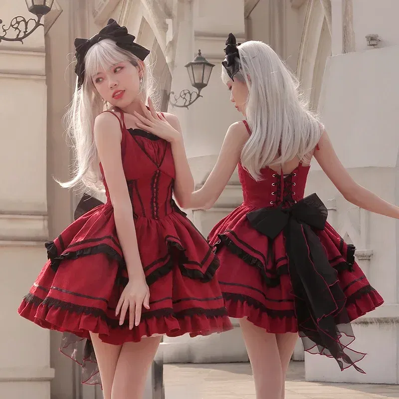 Color: black, Size: S - Japanese Harajuku Gothic Sling Dress for Girl, Black Purple Bow Bandage Stitching, Lolita Temperament, Kawaii Sweet Fashion, New