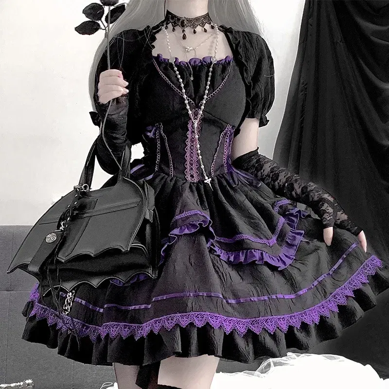 Color: black, Size: S - Japanese Harajuku Gothic Sling Dress for Girl, Black Purple Bow Bandage Stitching, Lolita Temperament, Kawaii Sweet Fashion, New