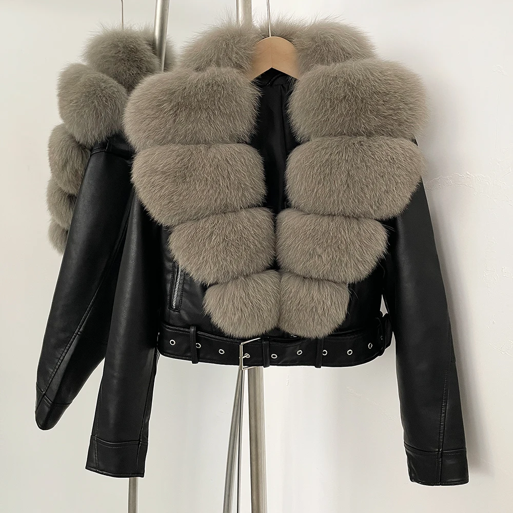 Color: black, Size: XS - Fake Leather Coat New Natural Fox Fur Autumn Short Faux Leather Jacket Female Spring PU Women Long Sleeve Real Fur Coat Thin