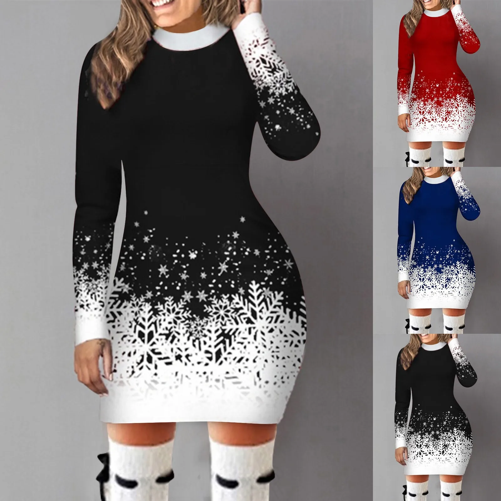 Color: Red, Size: M, Ships From: CN - Women's Christmas Dress Hip Wrap Slim Fit Autumn Winter 2024 Dresses Round Neck Snowflake Printed Long-sleeved Party Clothes