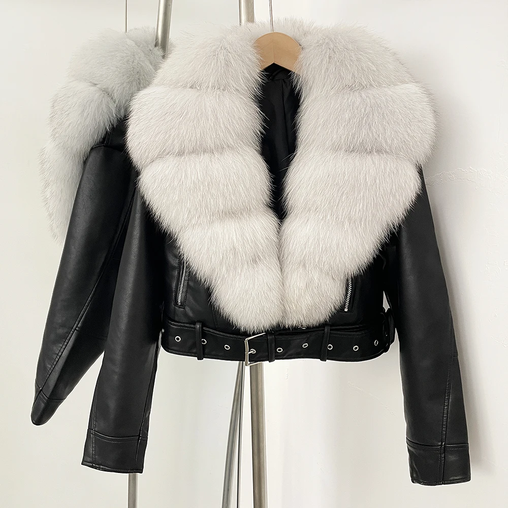 Color: Blue, Size: M - Fake Leather Coat New Natural Fox Fur Autumn Short Faux Leather Jacket Female Spring PU Women Long Sleeve Real Fur Coat Thin