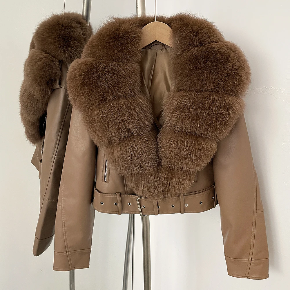 Color: Blue, Size: M - Fake Leather Coat New Natural Fox Fur Autumn Short Faux Leather Jacket Female Spring PU Women Long Sleeve Real Fur Coat Thin