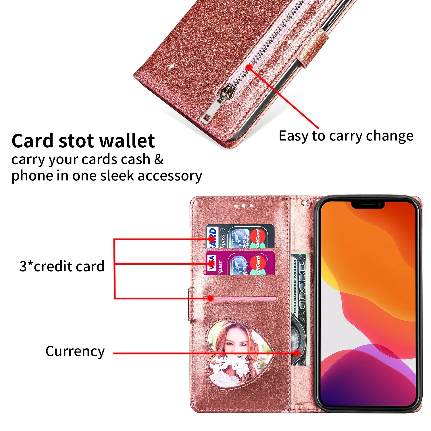 Color: Rose Red, Material: aluminum - Zipper Flip Wallet Glitter Leather Case for iPhone 16 15 14 13 12 11 Pro Max XS XR 8 7 Plus SE 2022 Mini Bling Stand Phone Cover