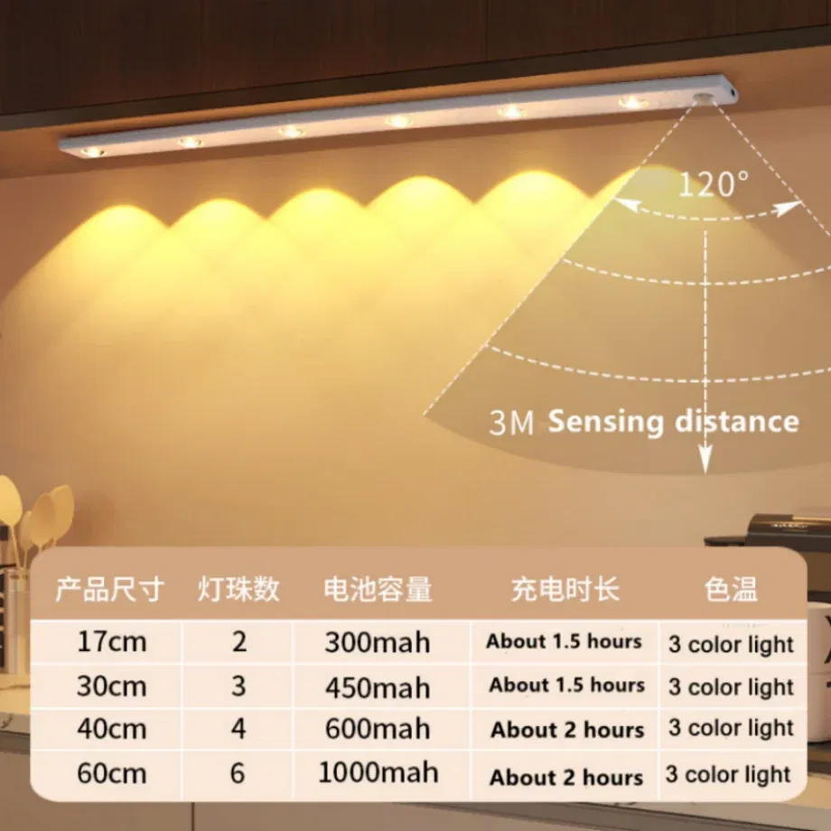 Color: Light Grey, Ships From: CHINA, Emitting Color: light yellow - LED Night Light Kitchen Under Cabinet Light 17/30/60cm Rechargeable PIR Motion Sensor Closet Wardrobe Lamp Aluminum Night Light