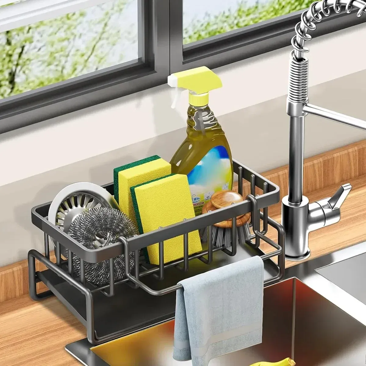 Color: Light Yellow - Kitchen Sink Drain Rack Organizer Sponge Storage Faucet Holder Soap Drainer Dishcloth Towel Rack Kitchen Sink Organizer