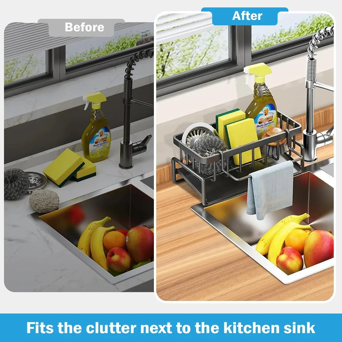 Color: Light Yellow - Kitchen Sink Drain Rack Organizer Sponge Storage Faucet Holder Soap Drainer Dishcloth Towel Rack Kitchen Sink Organizer