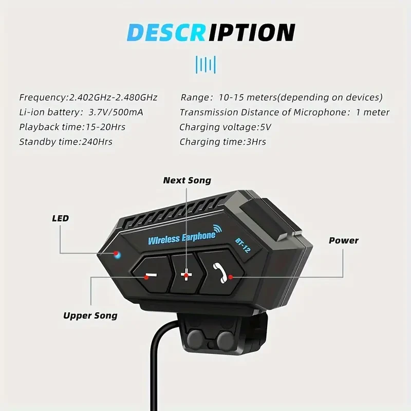 Wireless Motorcycle Helmet Headset Hands-Free Call & Music Player