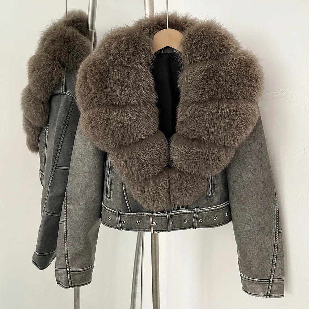 Color: Red, Size: L - Fake Leather Coat New Natural Fox Fur Autumn Short Faux Leather Jacket Female Spring PU Women Long Sleeve Real Fur Coat Thin
