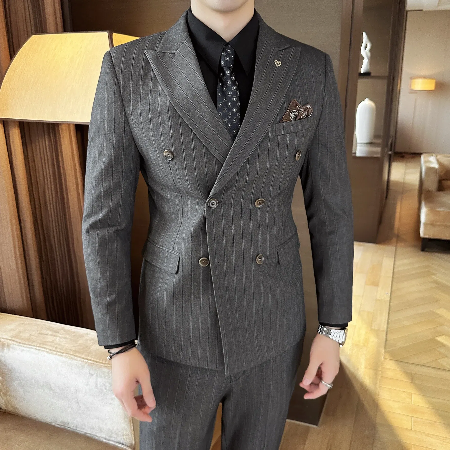 Color: Beige, Size: M - 2025 Korean-Style British High-Quality Autumn Winter Three-Piece Suit Set Fashionable Cool Versatile Striped Men's Clothing