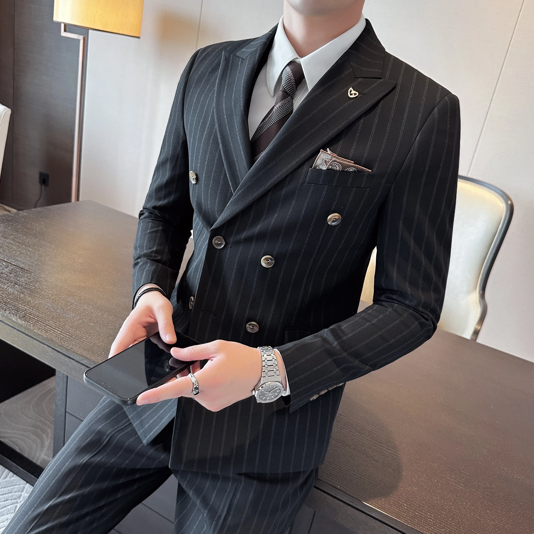 Color: Beige, Size: M - 2025 Korean-Style British High-Quality Autumn Winter Three-Piece Suit Set Fashionable Cool Versatile Striped Men's Clothing