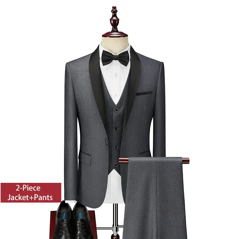 Color: GRAY, Size: M - Shenrun Men Tuxedo Slim Fit Fashion Suit Wedding Shawl Lapel 3 Pieces Skinny Single Breasted Jacket Party Prom Singer Costume