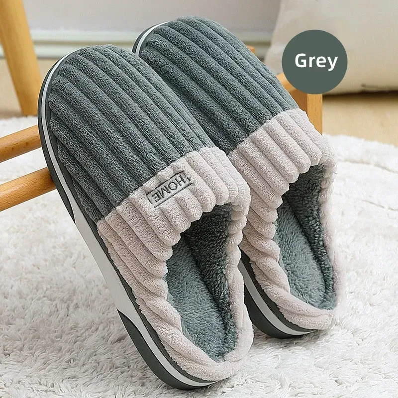 Color: Brown, Shoe Size: 48-49 - New Men Big Size 48 49 Winter Warm Slippers Women Soft Plush Furry Shoes Casual Flats Home Couples Bedroom Anti-Slip Slides