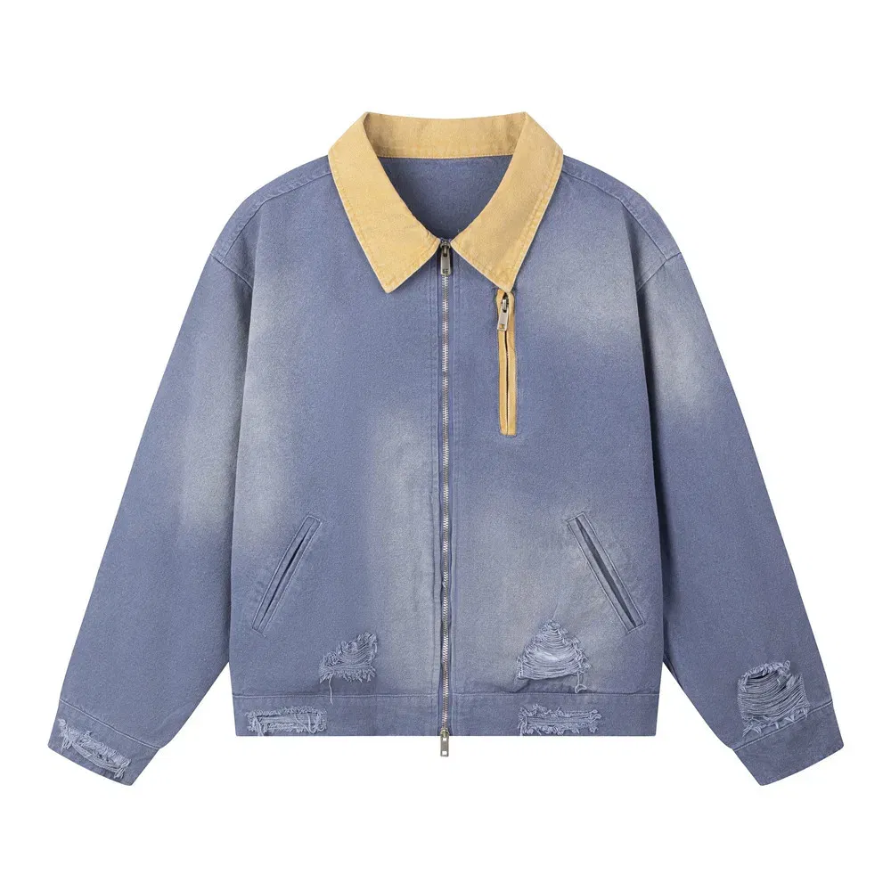 Color: Blue, Size: L - Color Block Cargo Jacket Mens Ripped Spring Retro High Street Loose Lapel Long Sleeve Outerwear Men