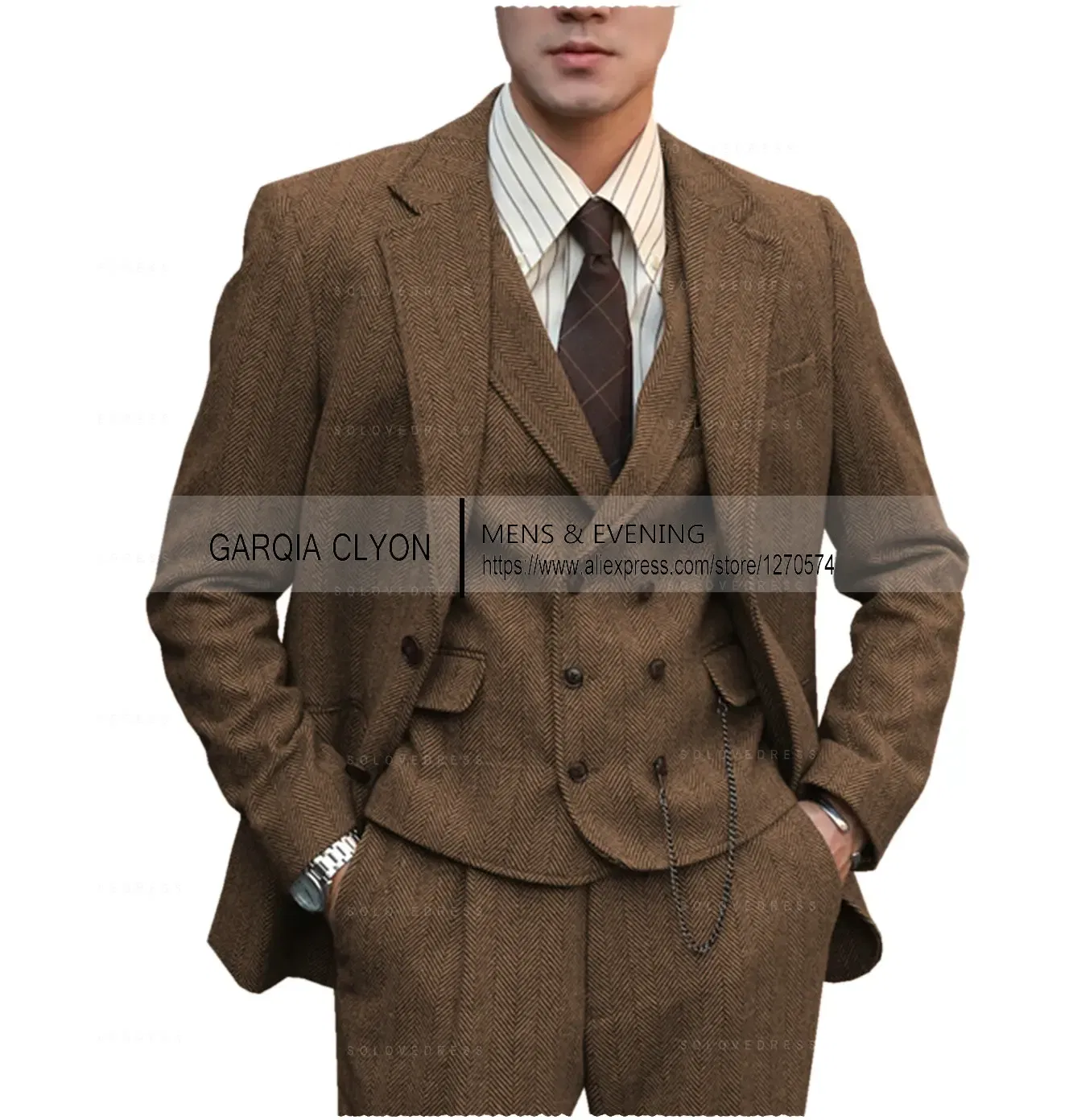 Color: Brown, Size: XXL - Tweed Herringbone 3 Pieces Herringbone Men's Business Suits Single Breasted Slim Fit Groom Formal Suits?€Blazer+vest+Pants?‰
