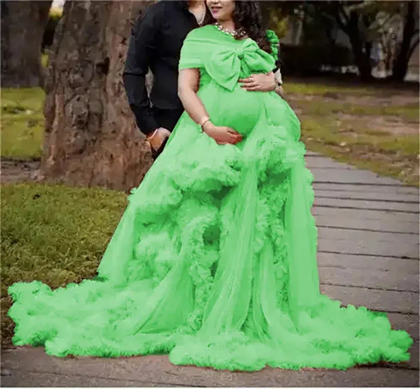 Color: light green, Maternity Size: 4, Ships From: CHINA - BIG BOW Tulle Ruffle maternity dresses photoshoot baby shower п?»?°?‚ь?µ д?»я ?±?µр?µм?µнн?‹?… فس?§تي?† ?