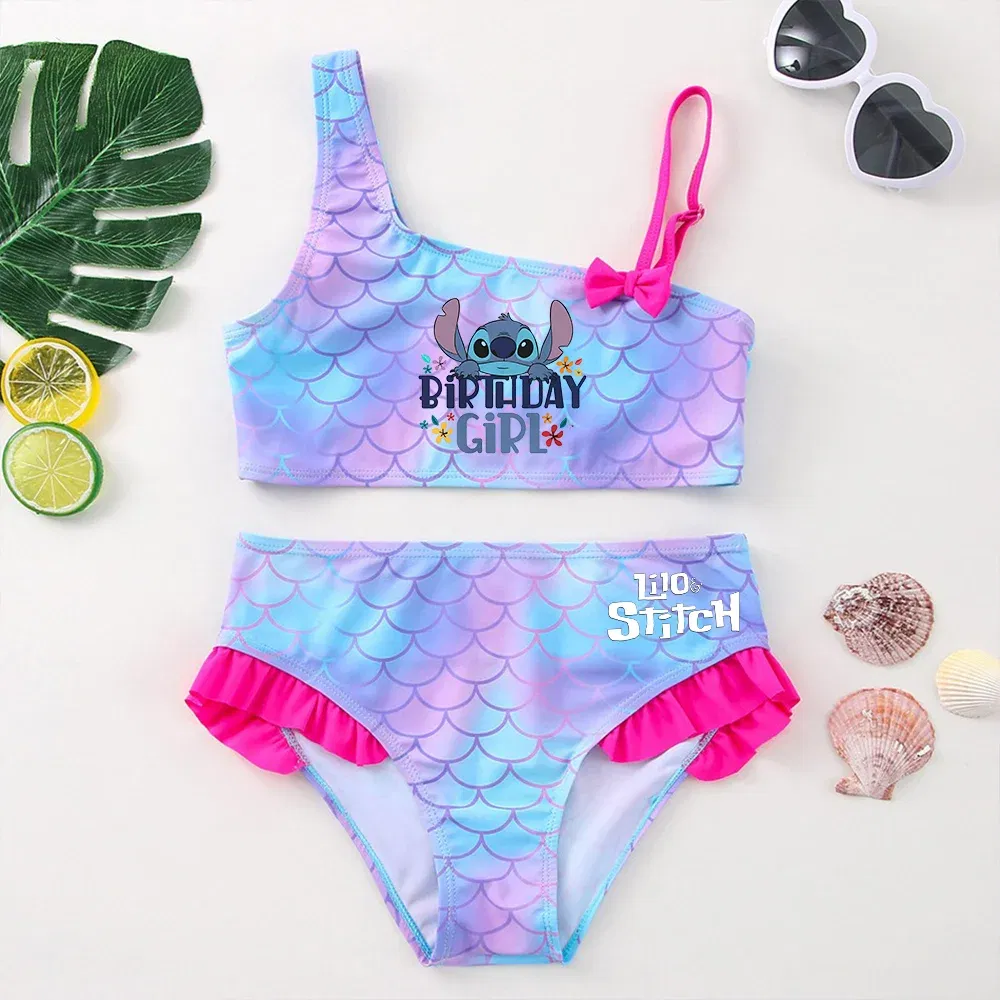 Color: Beige, Size: M - Lilo Stitch Girls Swimsuit One-Piece Bathing Suits Children's Dresses Summer Swimwear Beach Suit Kids Wear Fashion Mermaid Fish