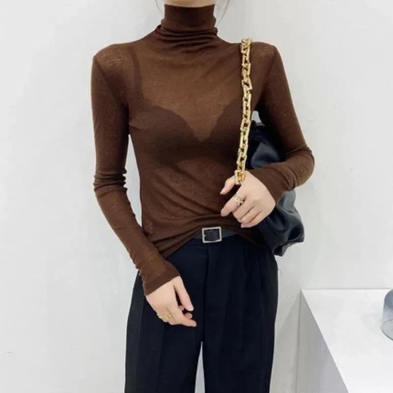 Color: WHITE, Size: L - New Fashion Basic Turtleneck Long Sleeve Women T-shirt Autumn Winter Long Sleeve Slim Stretch Tops Ladies Sexy Tees Plus Size
