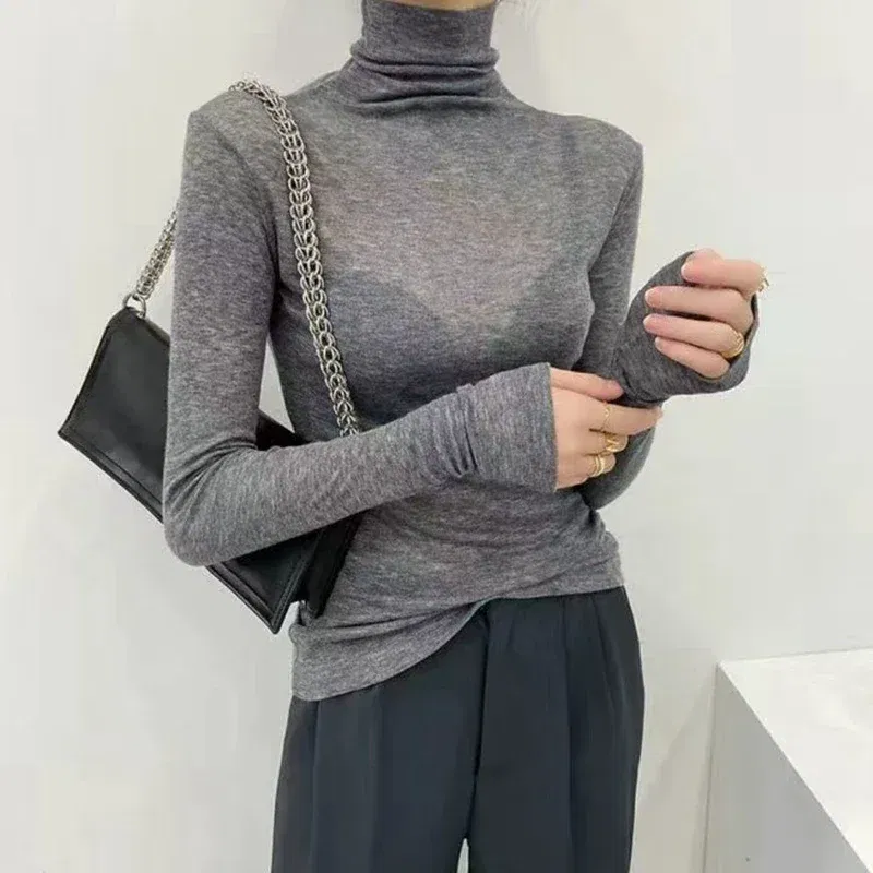 Color: WHITE, Size: L - New Fashion Basic Turtleneck Long Sleeve Women T-shirt Autumn Winter Long Sleeve Slim Stretch Tops Ladies Sexy Tees Plus Size