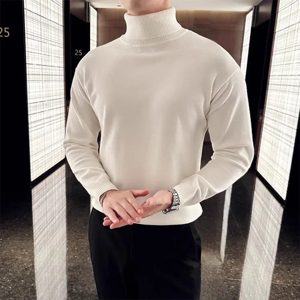 Color: Brown, Size: M - Korean Fashion Autumn Winter Sweaters Men Pullovers Fleece Turtleneck Knitted Sweatshirt Warm Bottoming Shirts