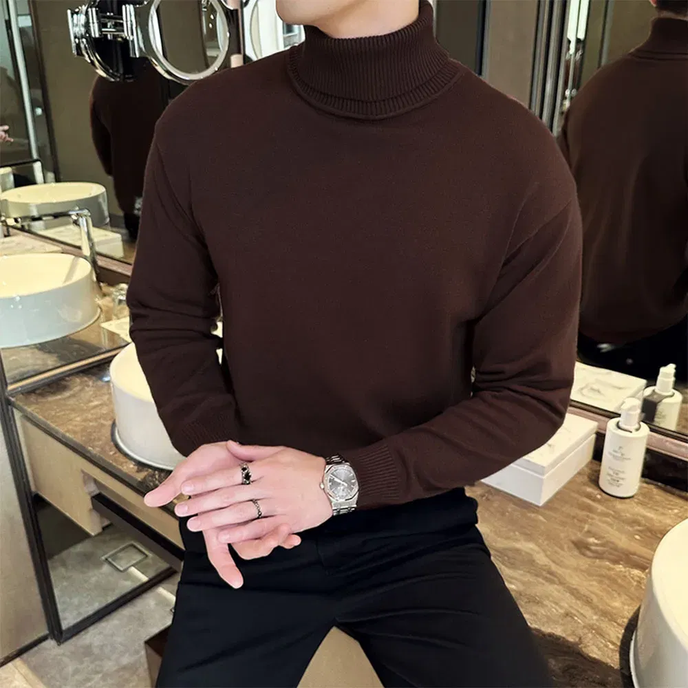 Color: Brown, Size: M - Korean Fashion Autumn Winter Sweaters Men Pullovers Fleece Turtleneck Knitted Sweatshirt Warm Bottoming Shirts