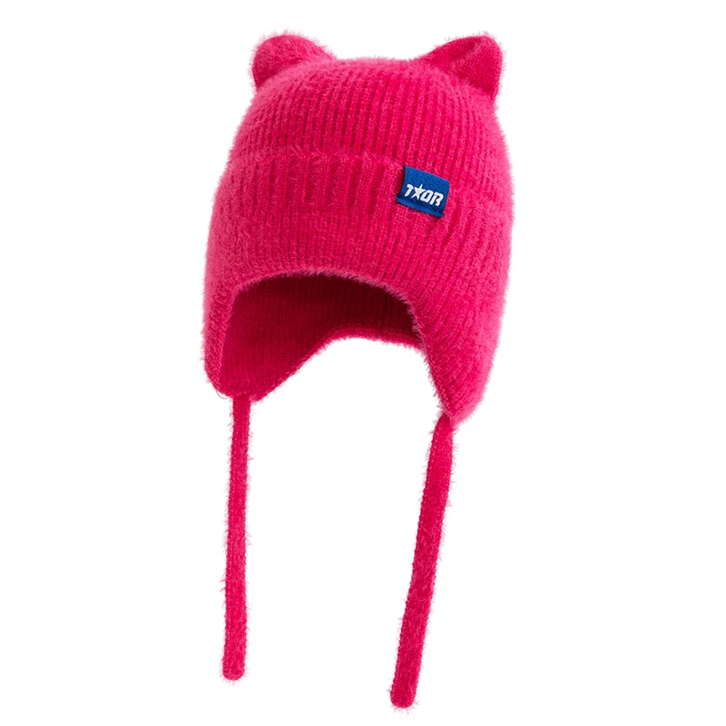 Color: Navy Blue, Size: One Size - New Women Cute Cat Ear Earflap Winter Hat Fashion Windproof Knitted Hat Kpop Style Soft Beanie Hats Candy Colors Streetwear Cap
