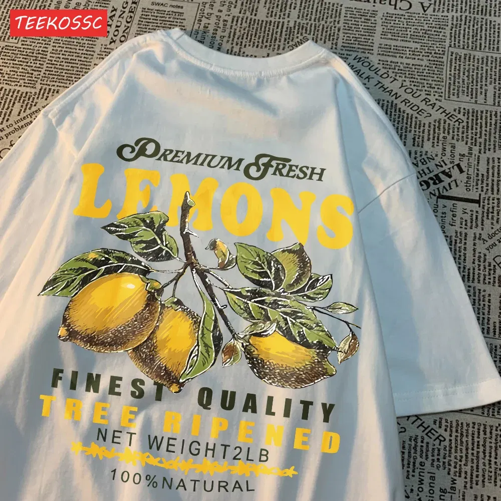 Color: Rose Red, Size: M - Summer Lemon Cherries Prints T-Shirts Cotton Women's Tops Oversize O-Neck Soft Short Sleeve tees Street Casual Womans Clothes