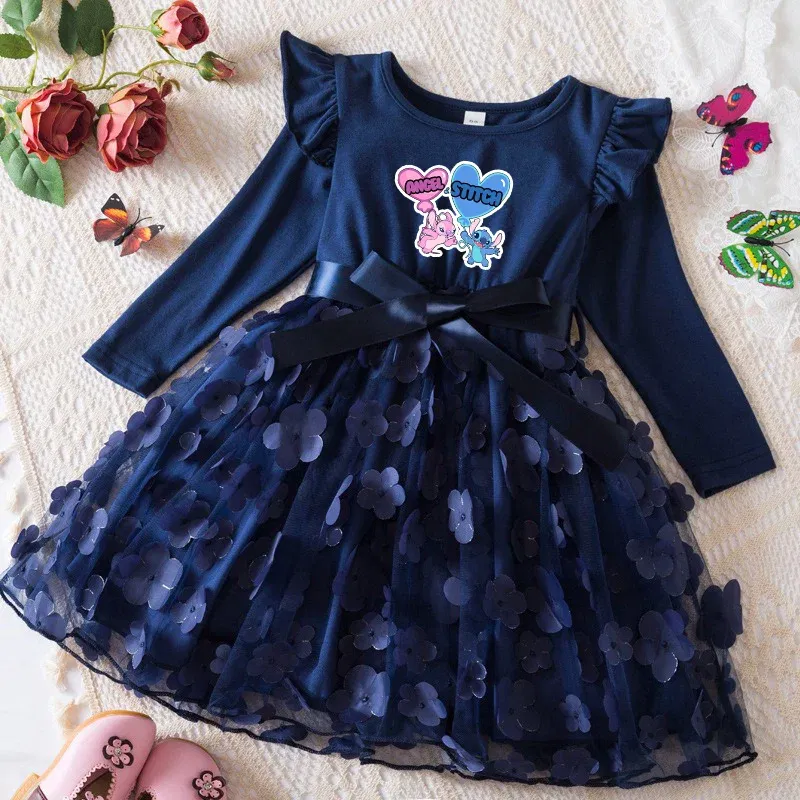 Color: Light Green, Size: One Size, Height: 176 - Lilo Stitch Girl Baby Dresses Spring Autumn Child Long Sleeve Sweet Princess Dress Mesh Newborn Casual Dress Birthday Party 2-6Y