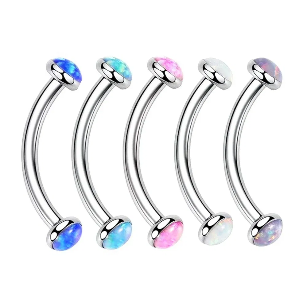 Metal color: Platinum Plated, Main Stone Color: green - 3/4/5mm Opal Steel Eyebrow Ring Internally Threaded 6mm -14mm Bar Curved Barbell Monroe Lip Stud Ear Tragus Piercing