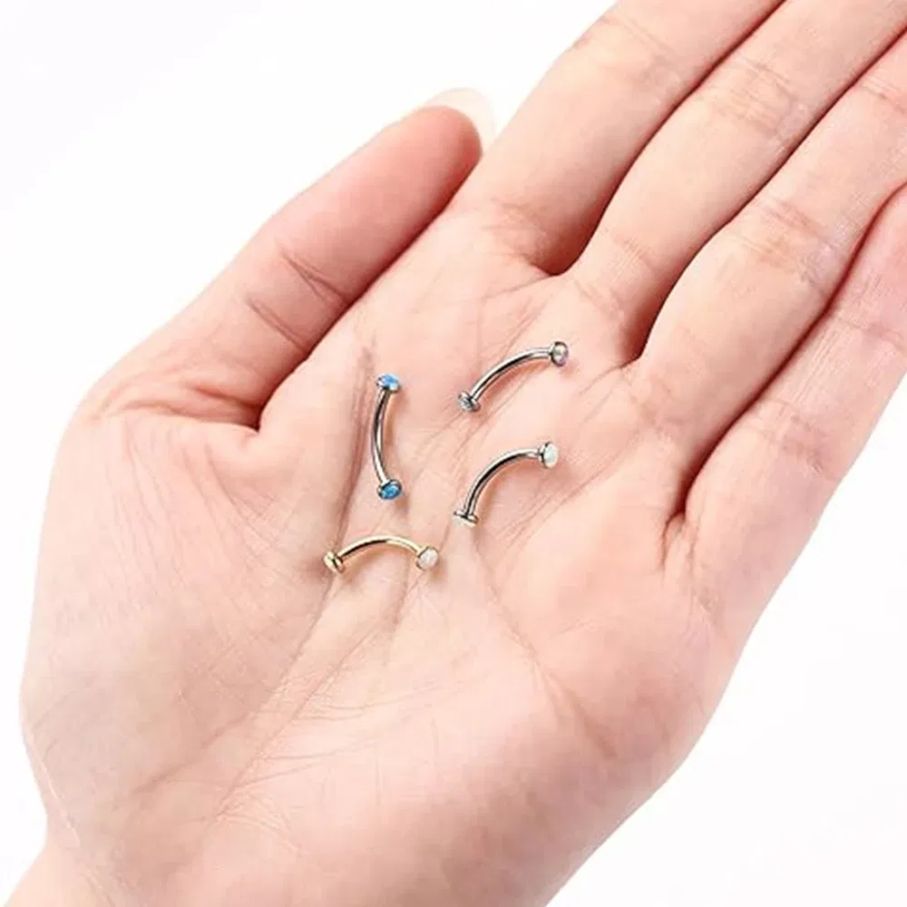 Metal color: Platinum Plated, Main Stone Color: green - 3/4/5mm Opal Steel Eyebrow Ring Internally Threaded 6mm -14mm Bar Curved Barbell Monroe Lip Stud Ear Tragus Piercing